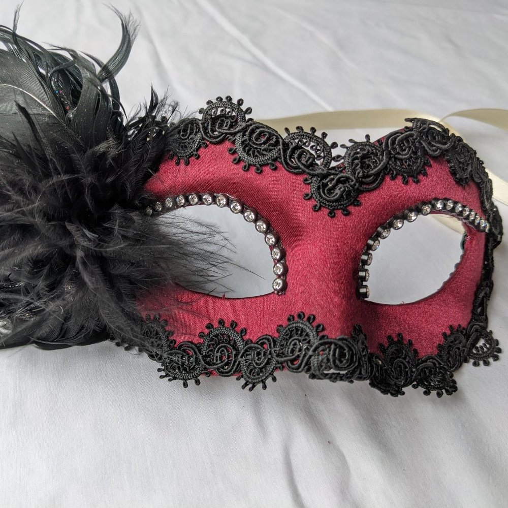 Handmade red Venetian mask with black lace, feathers and rhinestones